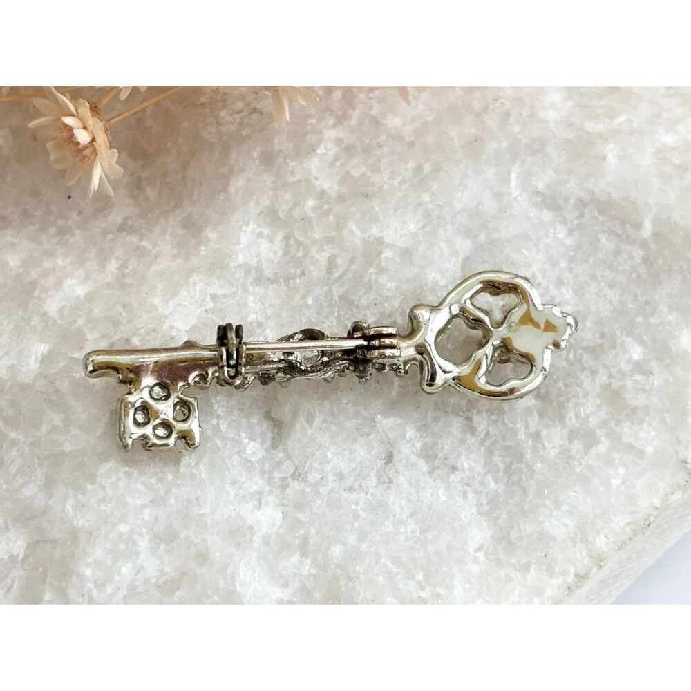Key Shaped Antique Inspired Rhinestone Gold Toned Vintage Costume Jewelry Brooch